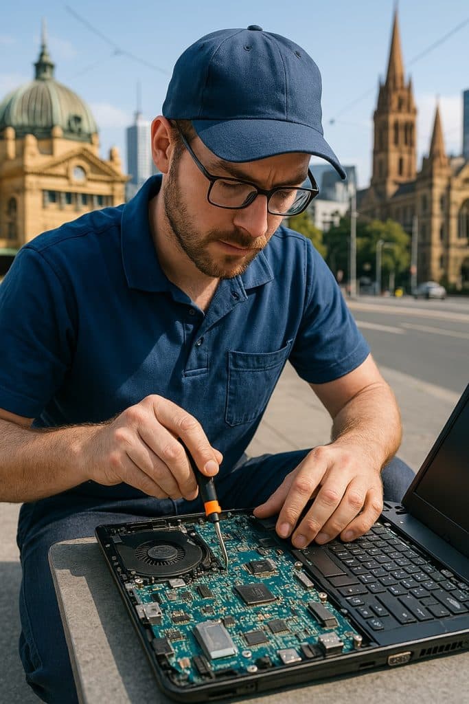 Technician repairing laptop onsite in Melbourne