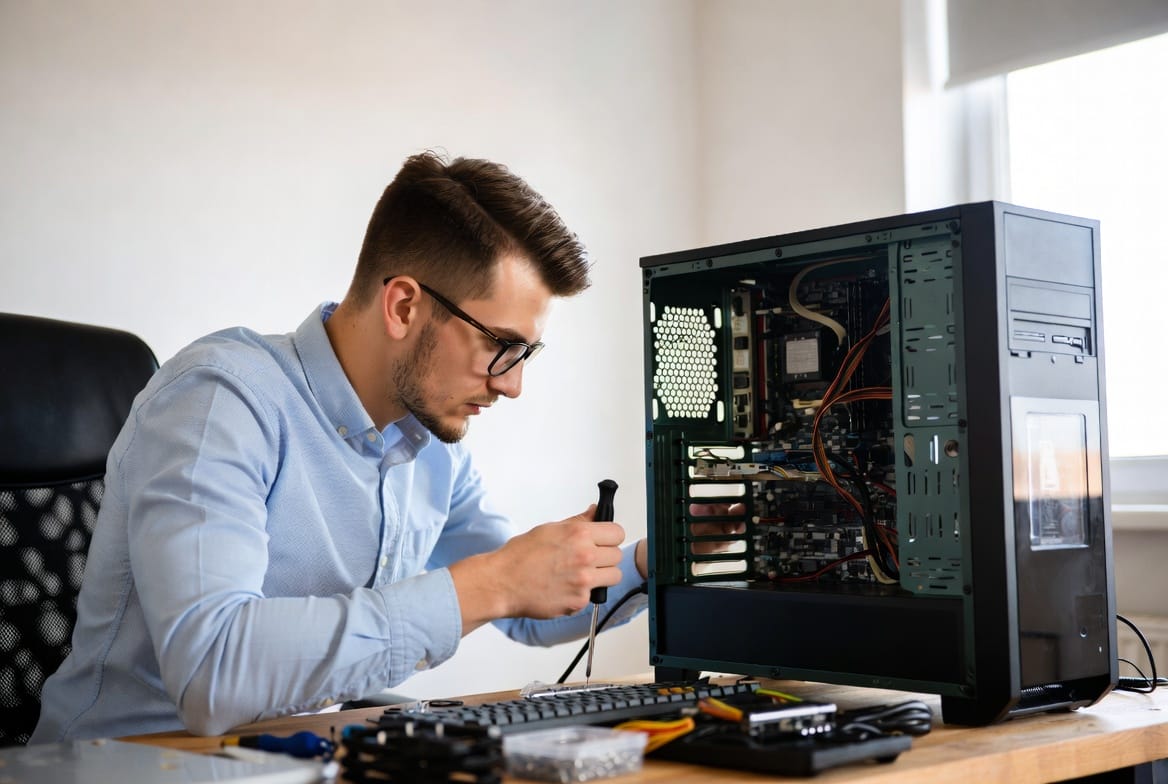 Technician fixing a desktop PC at a home desk