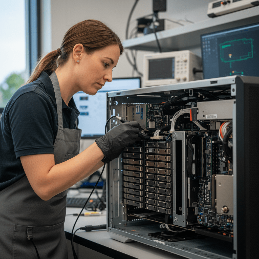 Specialist performing data recovery on a 2019 Intel Xeon Mac Pro tower in Australia, handling internal components.