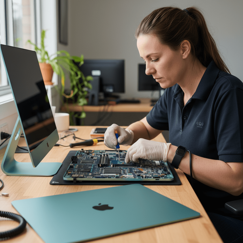 Specialist technician performing data recovery on an Apple Silicon iMac M1 2021 model in Australia.