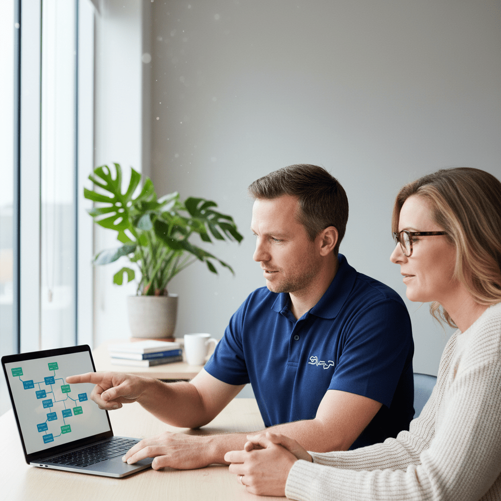 Australian IT technician providing business computer help to a small business owner in unknown suburb 1300.