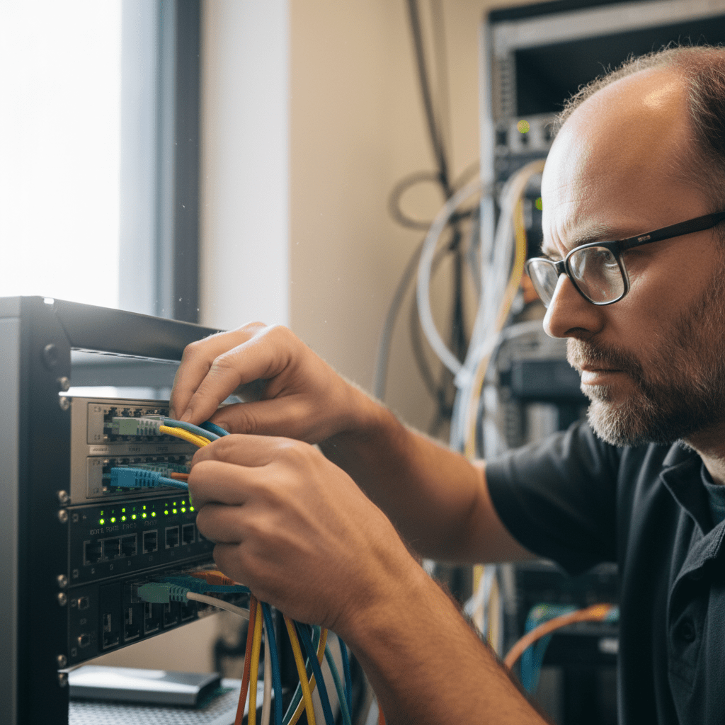 Experienced technician performing business computer service on server equipment in unknown suburb 1300.