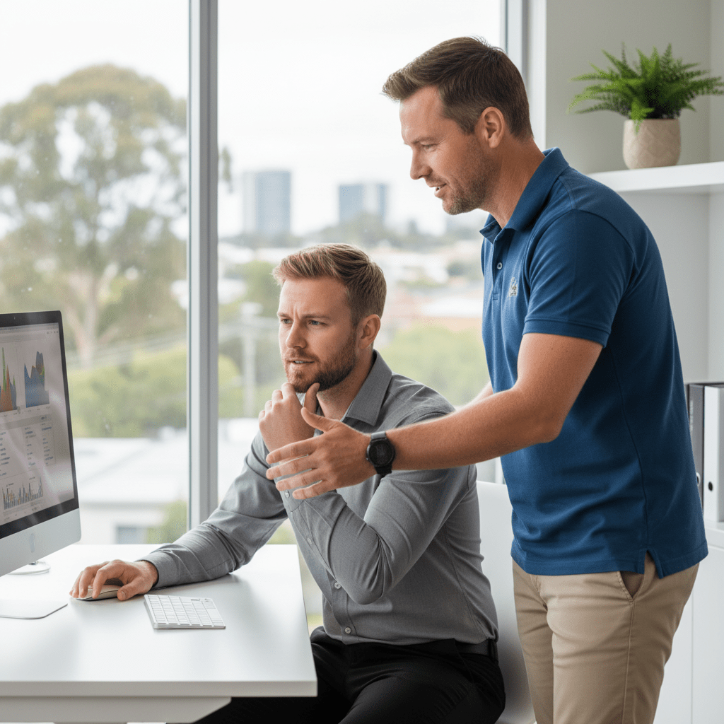 Expert business computer tech support explaining solutions to a small business owner in unknown suburb 1300.