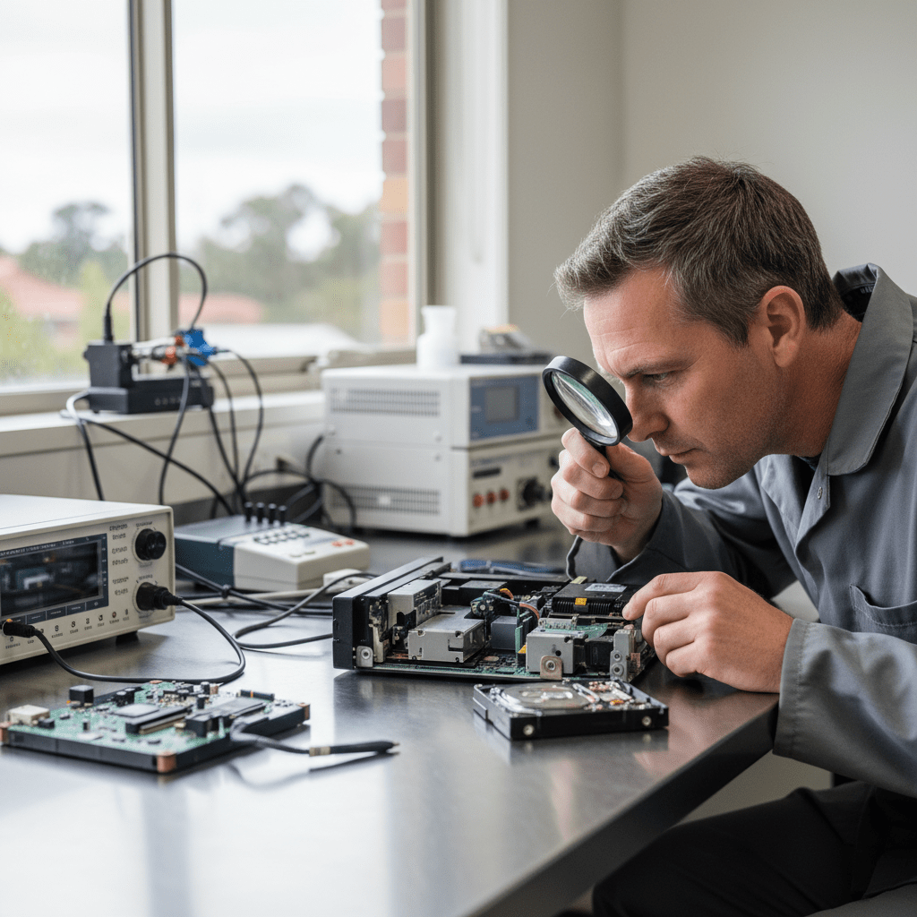 Expert CCTV DVR data recovery in Australia. Technician recovering security camera footage from a failed DVR hard drive.