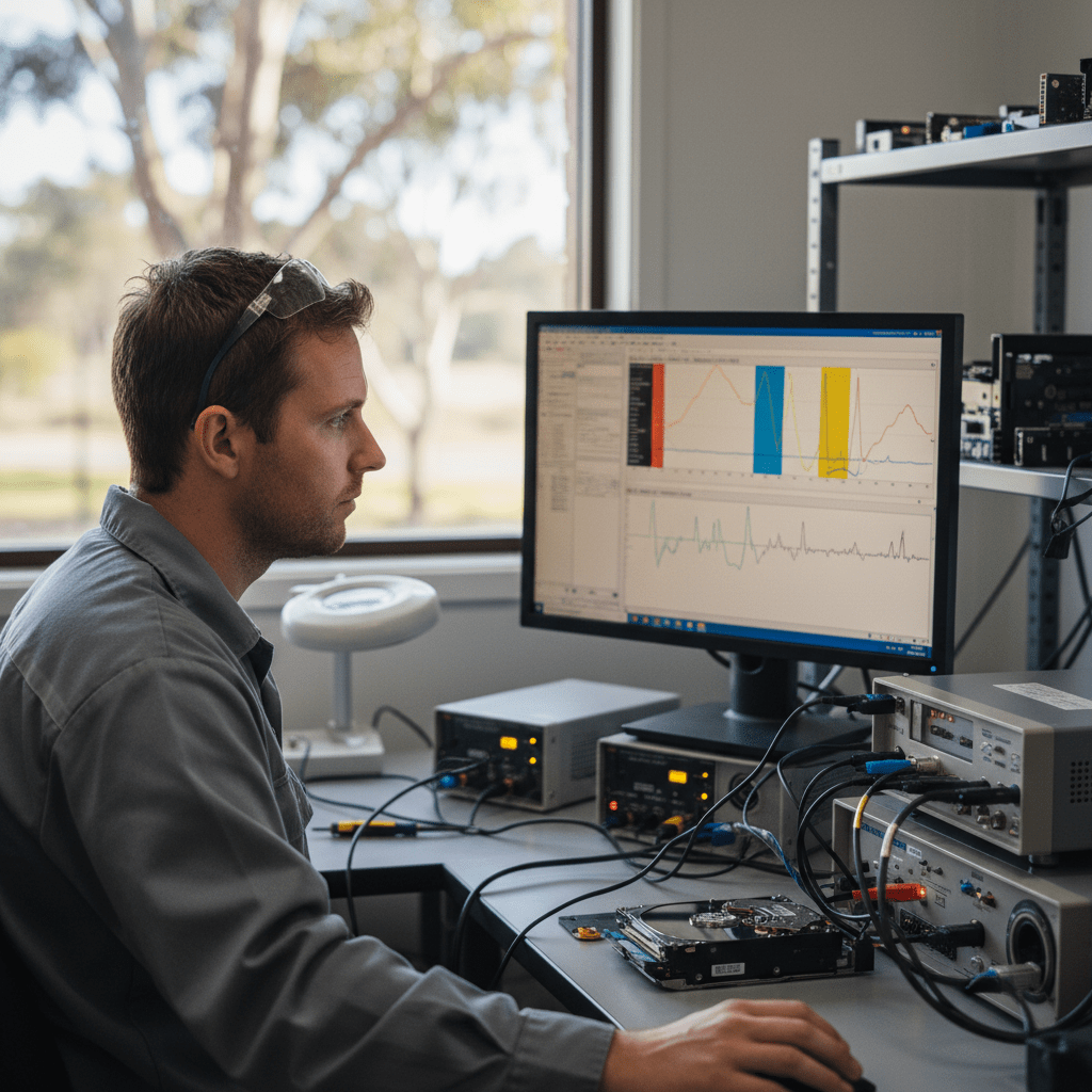 Technician diagnosing common Hitachi & HGST hard drive failures in Australia, identifying issues like head crashes or firmware problems.