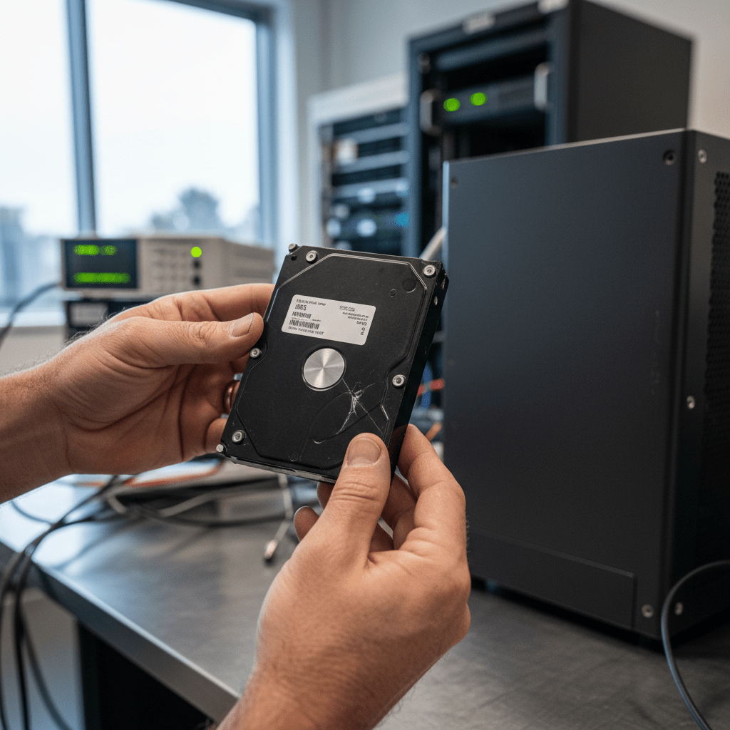 Technician examining a failed hard drive, illustrating common QNAP NAS failure scenarios in Australia.