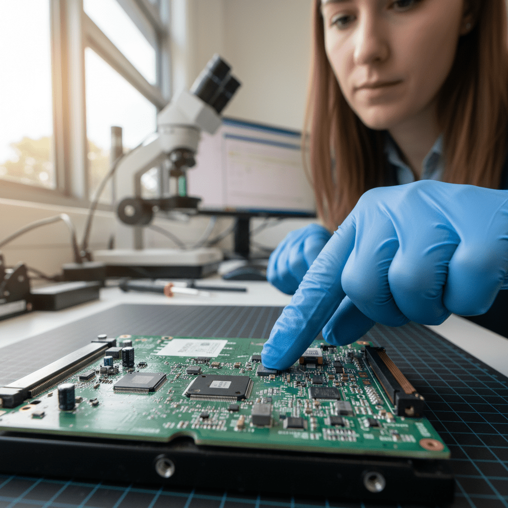 Identifying common Toshiba hard drive failures in Australia, a technician inspects a faulty Toshiba drive for issues like head crashes or motor failure.