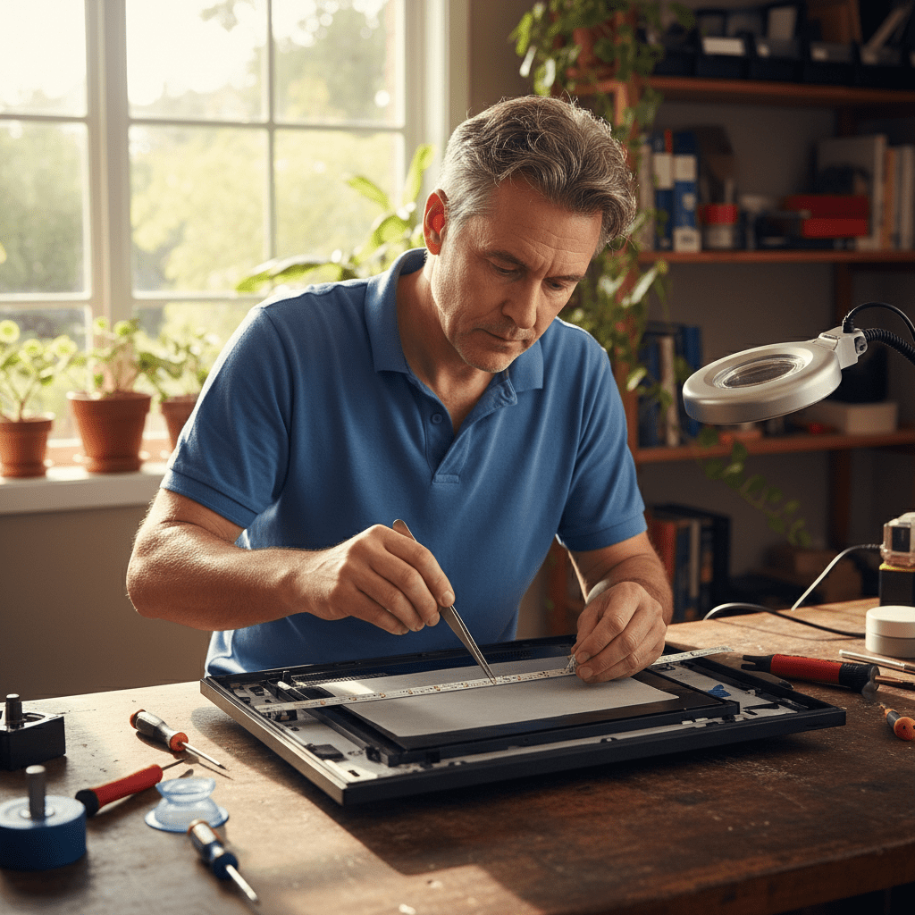 Technician performing a computer LCD repair, specifically replacing an LED backlight strip for a monitor with backlight failure.