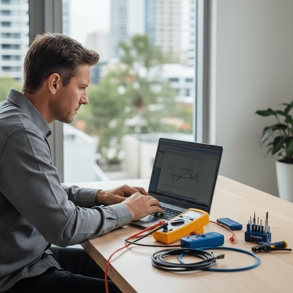 Expert computer support Brisbane 2101 with a technician using diagnostic tools and software for troubleshooting.