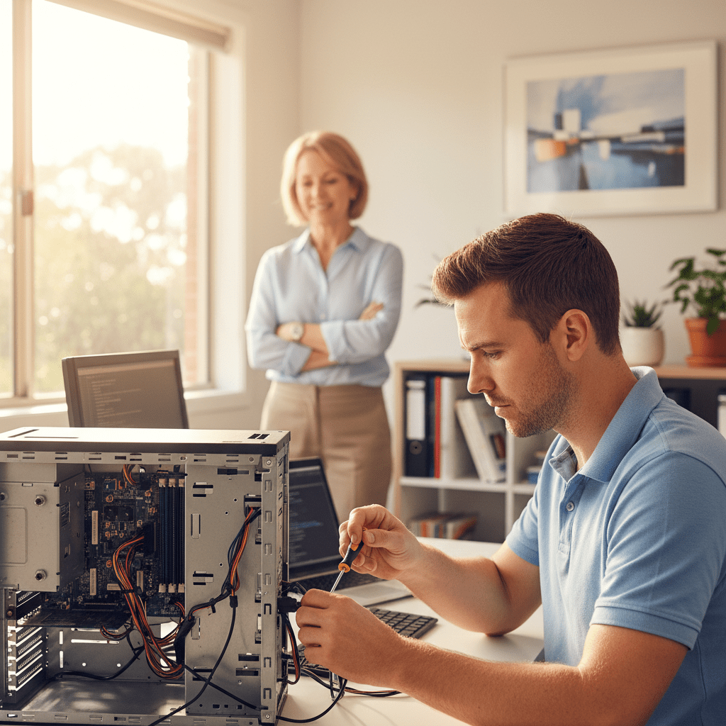 Australian technician providing computer support for a business in unknown suburb 1300.
