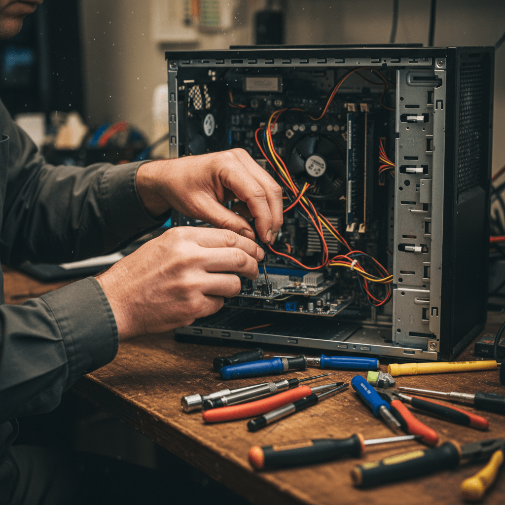 Skilled computer technician in Brisbane 2101 performing intricate internal hardware repair with precision.