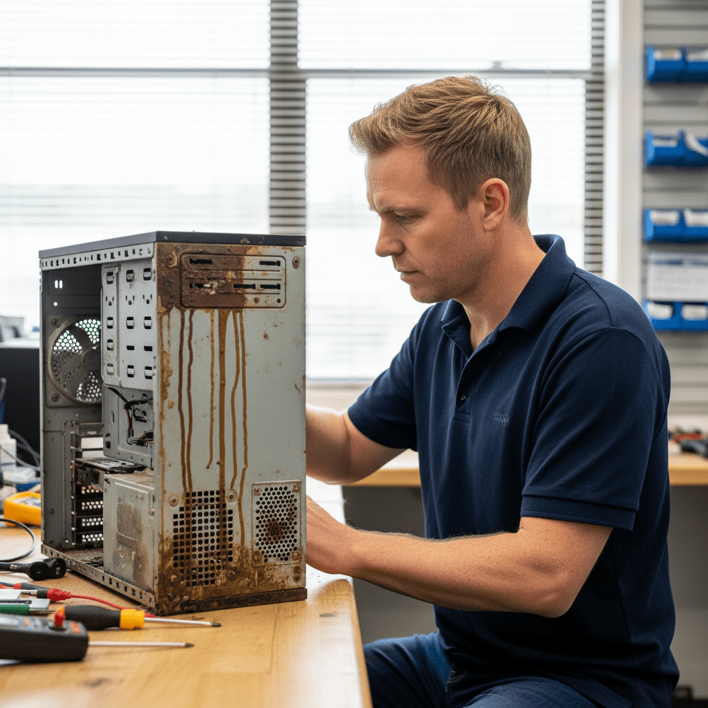 Expert computer water damage repair in (unknown suburb) 1300. Technician assessing a desktop PC affected by flood, offering data recovery and component replacement services.