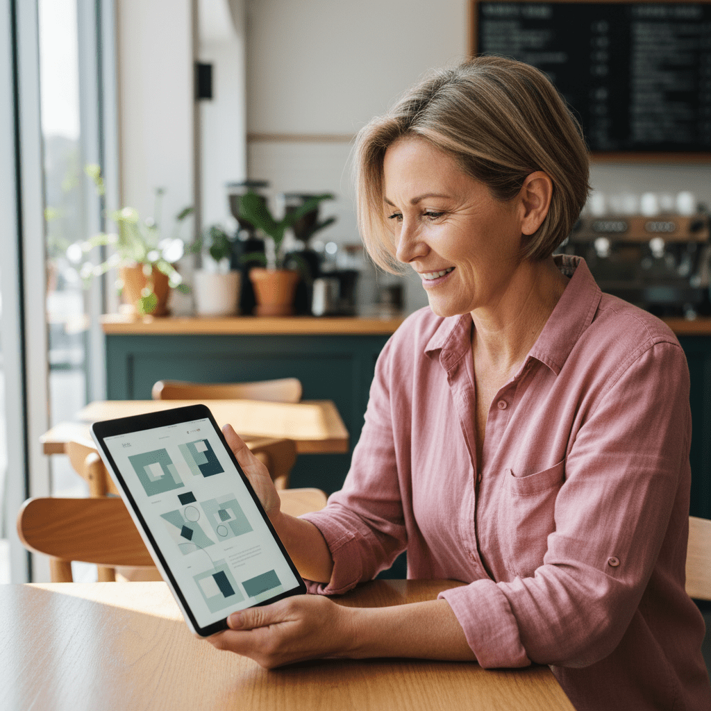 Key core website features Australia, including mobile responsiveness, demonstrated by a happy business owner on a tablet.
