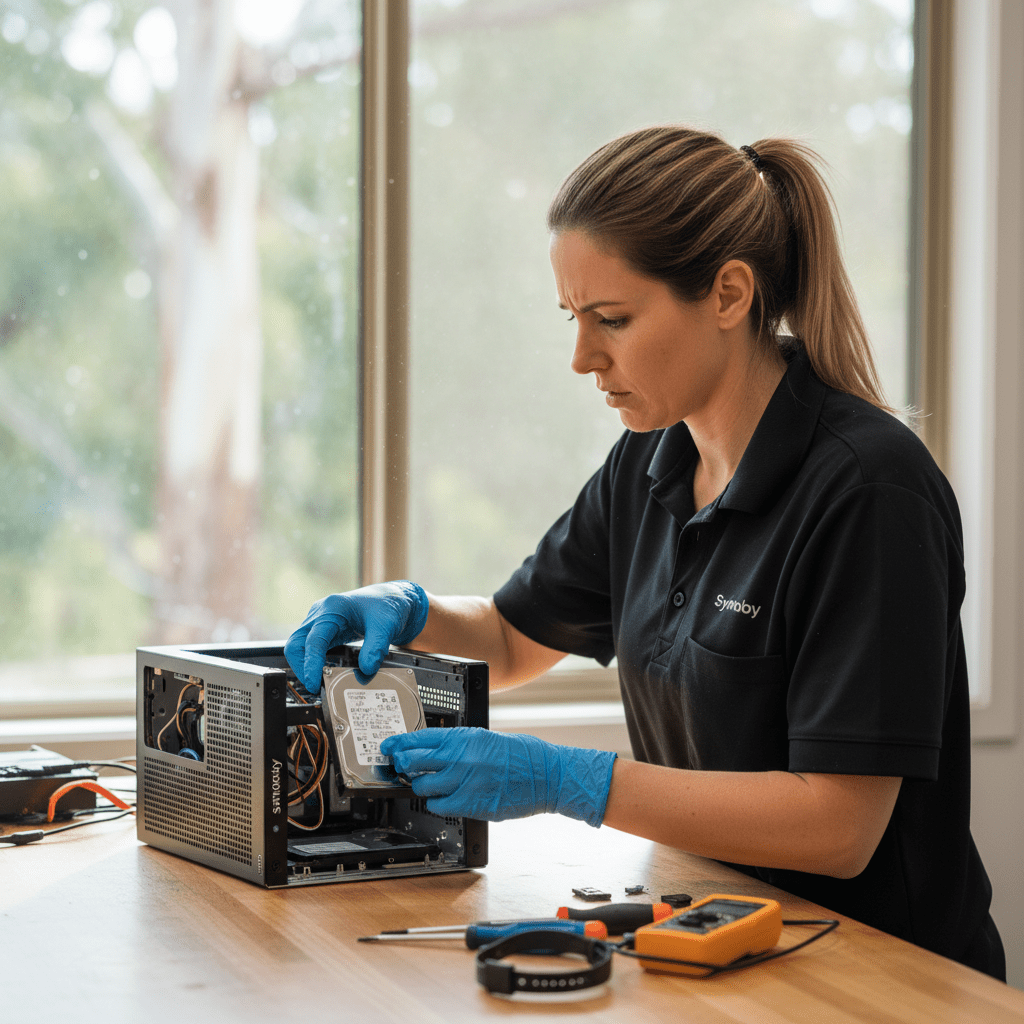 Technician performing data recovery on a NAS drive after common failure scenarios in unknown-suburb 1300.