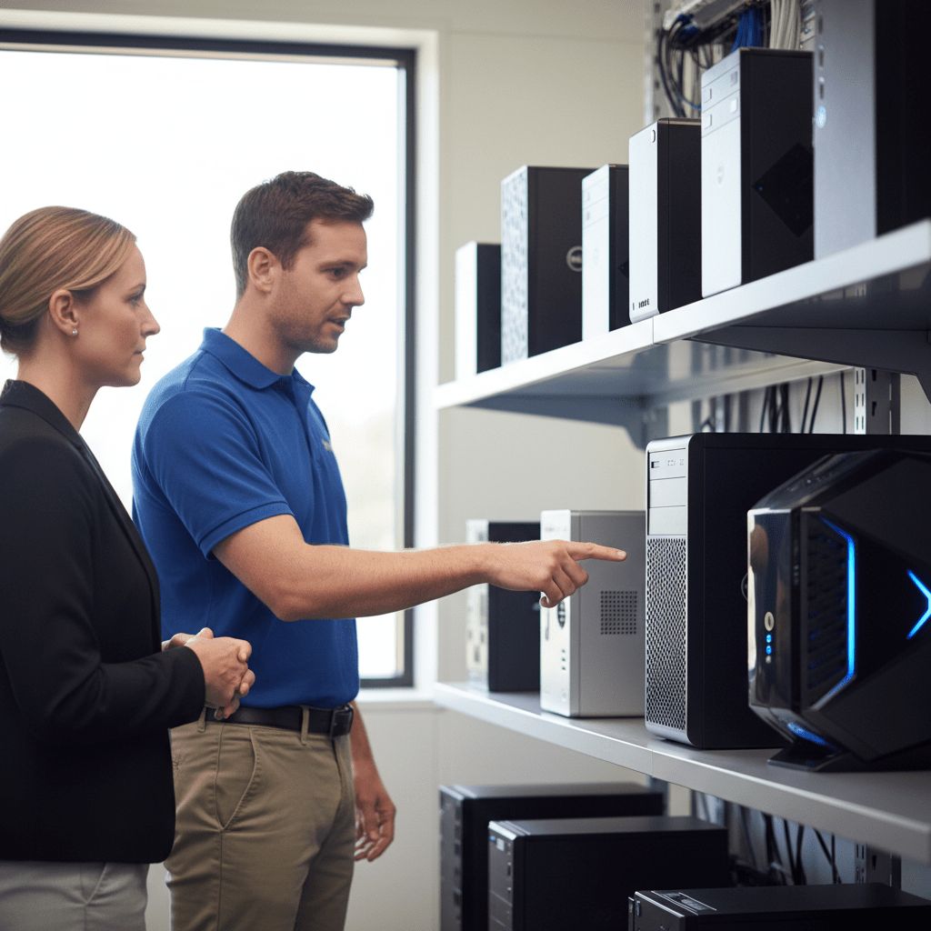 Technician identifying various Dell desktop models we recover from Australia, including OptiPlex, XPS, and Alienware.
