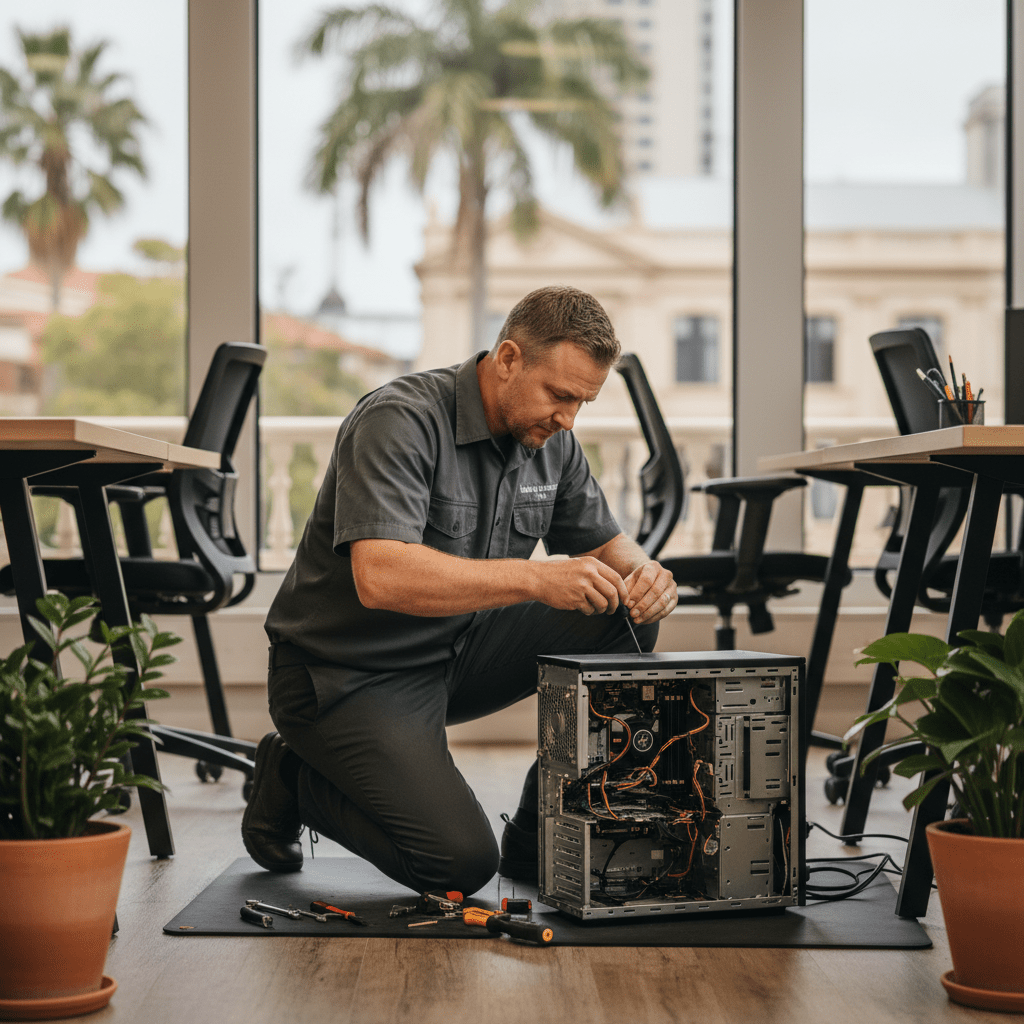 Adelaide technician providing expert desktop support services to a local business.