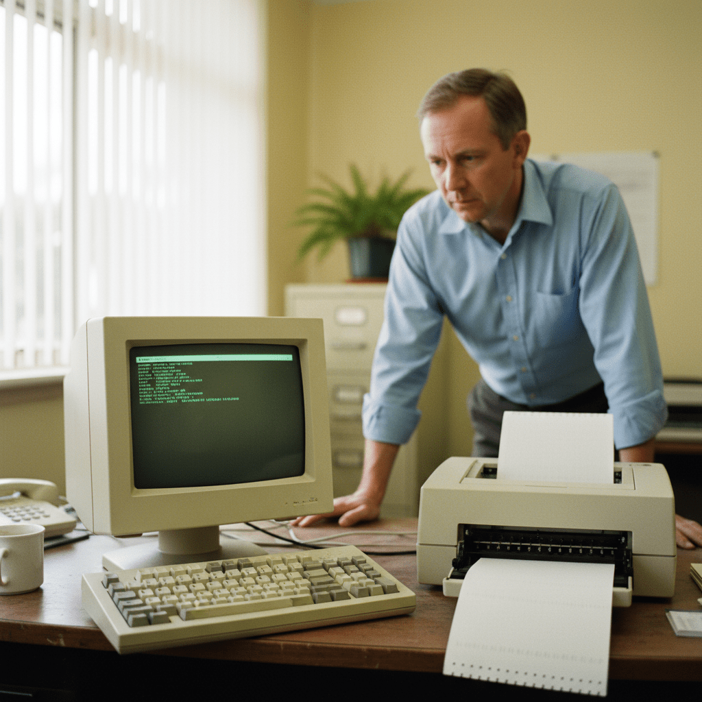 Early days of small business IT in Australia, featuring a vintage 1980s-1990s computer setup.