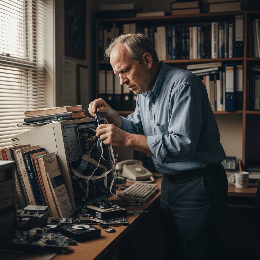 Small business owner struggling with computer repair in the early days the DIY era Australia.