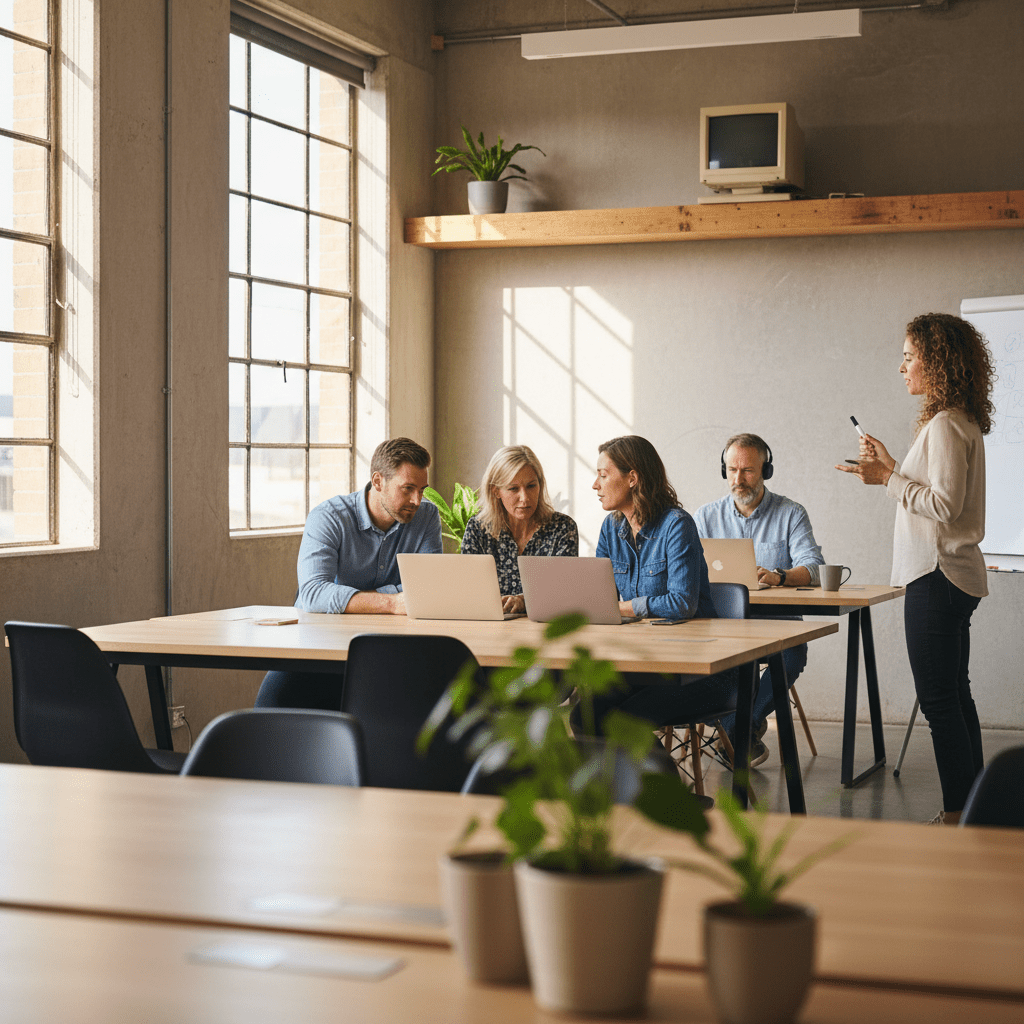 The evolution of small business IT support in Australia, showing diverse Australian entrepreneurs collaborating with modern tech.