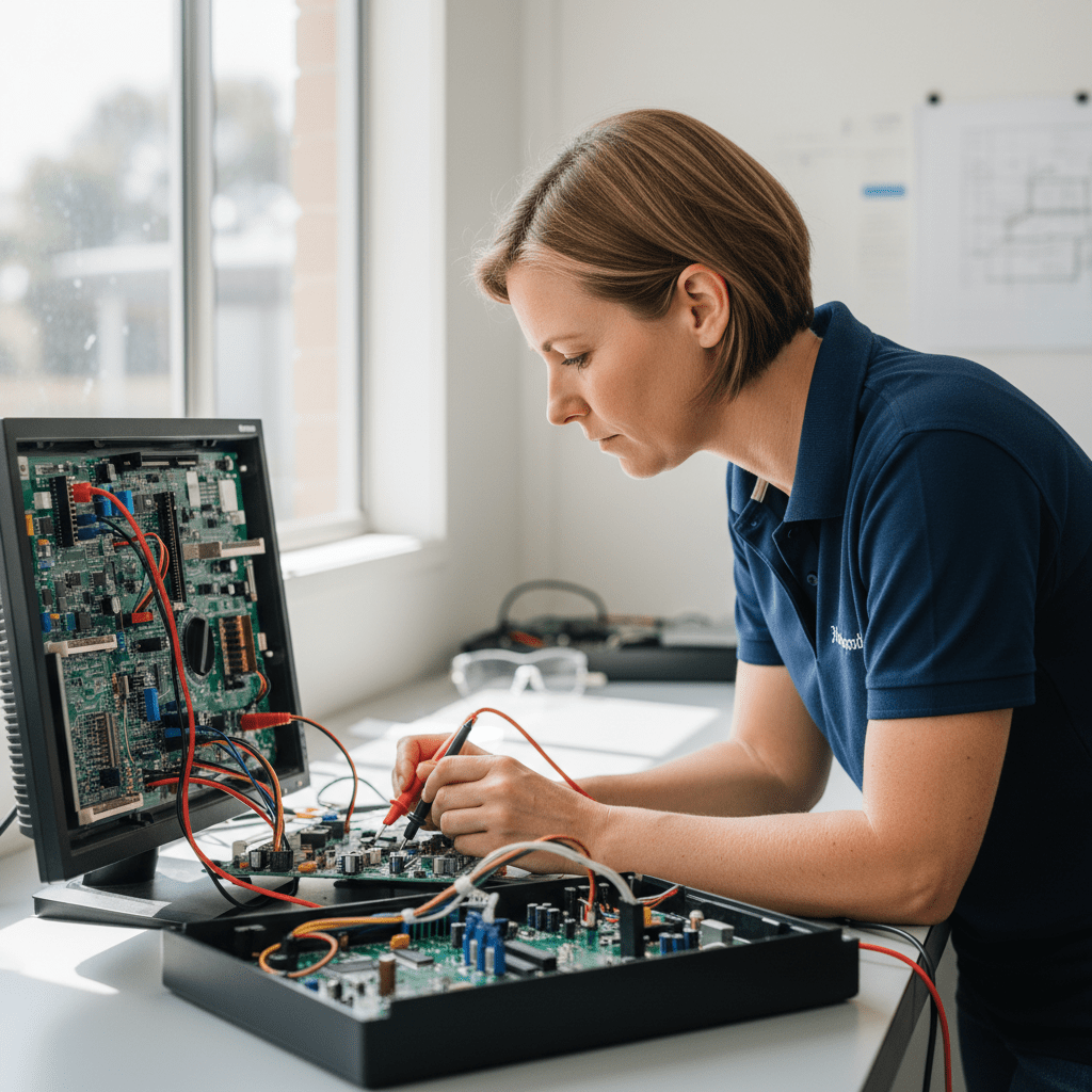 Technician performing diagnostics to fix a computer monitor with various faults, including power and display issues.