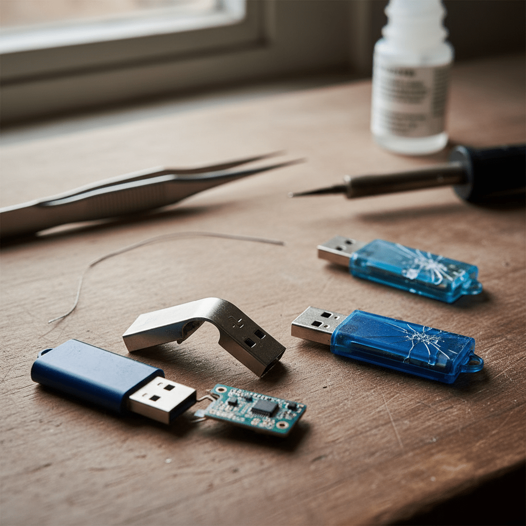 Specialized equipment for flash drive recovery, showing common failure scenarios like snapped, bent, or cracked USB sticks.