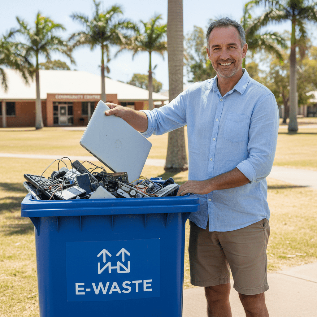 Free e-waste recycling programs Australia: Darwin business owner dropping off old laptop at a community collection point.