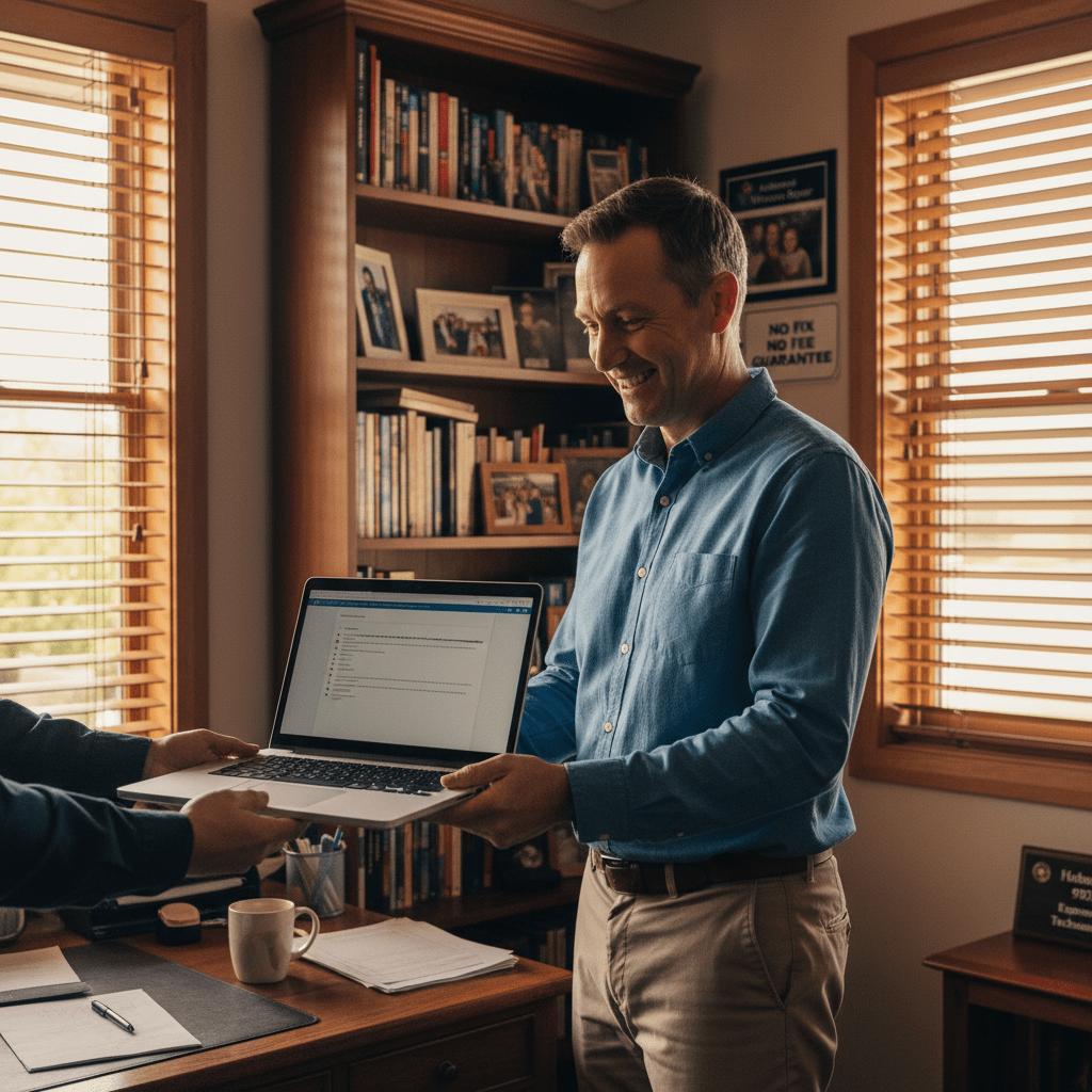 Happy customer in Hobart after computer repair — experienced technician