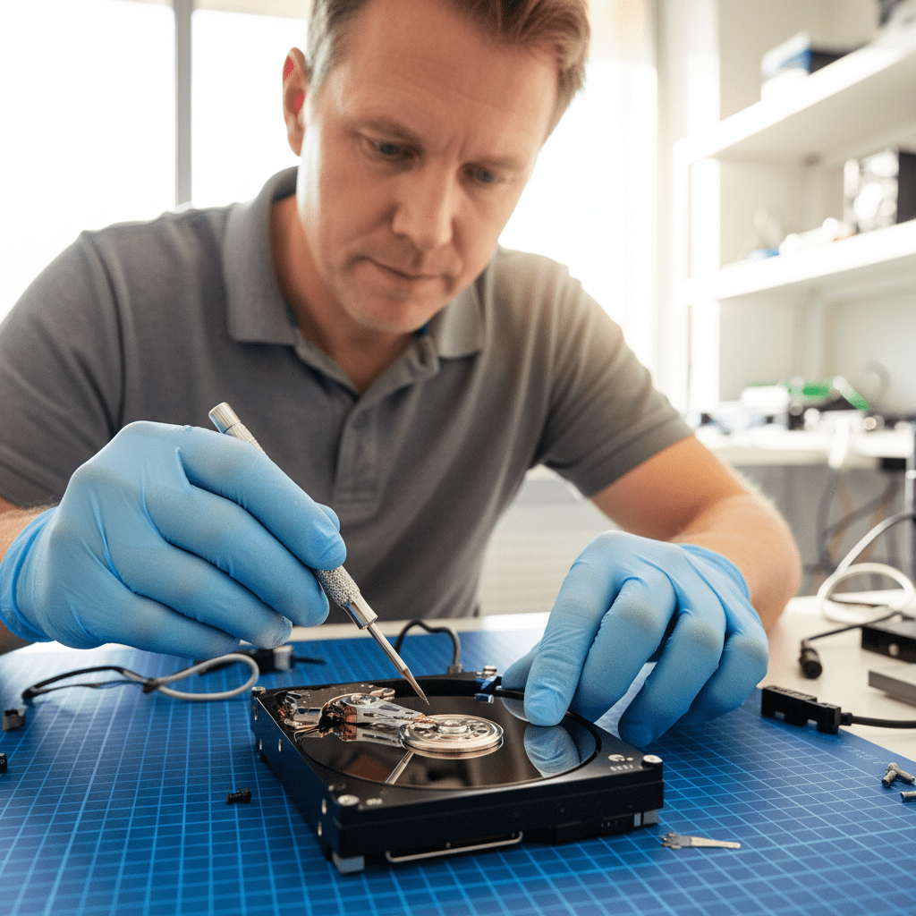 Expert hard drive head crash repair in Sydney CBD 2000. Professional technician diagnosing a damaged HDD for data recovery services.