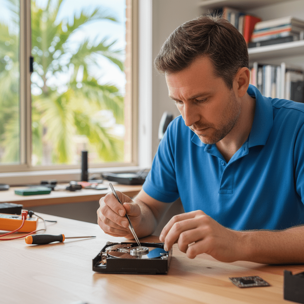 Expert hard drive recovery near me in Darwin, NT. Our certified technician carefully inspects a damaged external HDD for data retrieval.