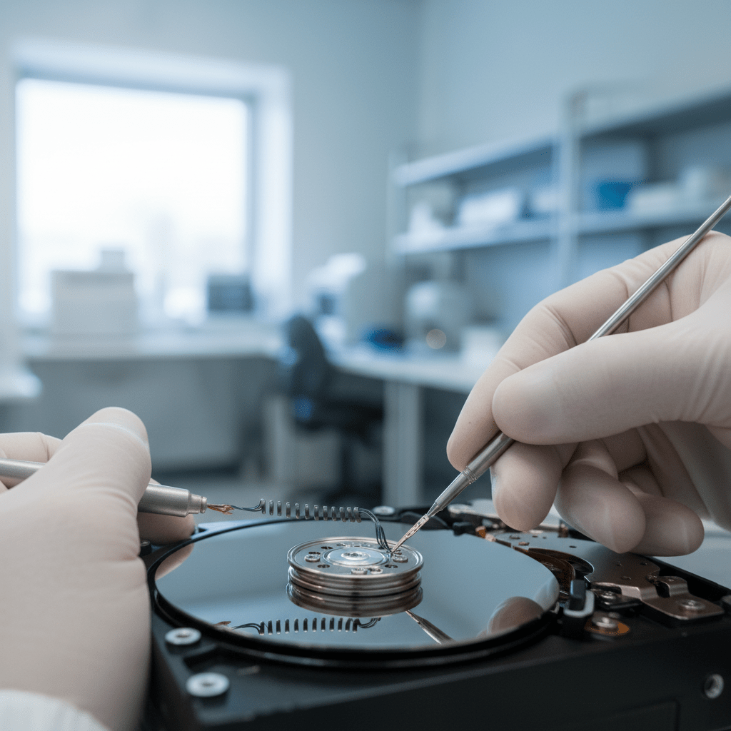 Expert hard drive recovery near me for physically damaged or failed drives, showing a technician examining components in Hobart.