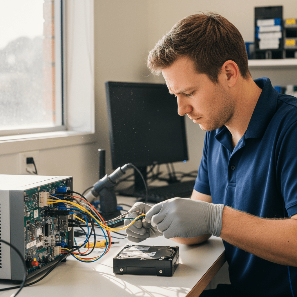 Skilled technician performing hard drive recovery in Sydney, carefully connecting a damaged HDD for data retrieval.