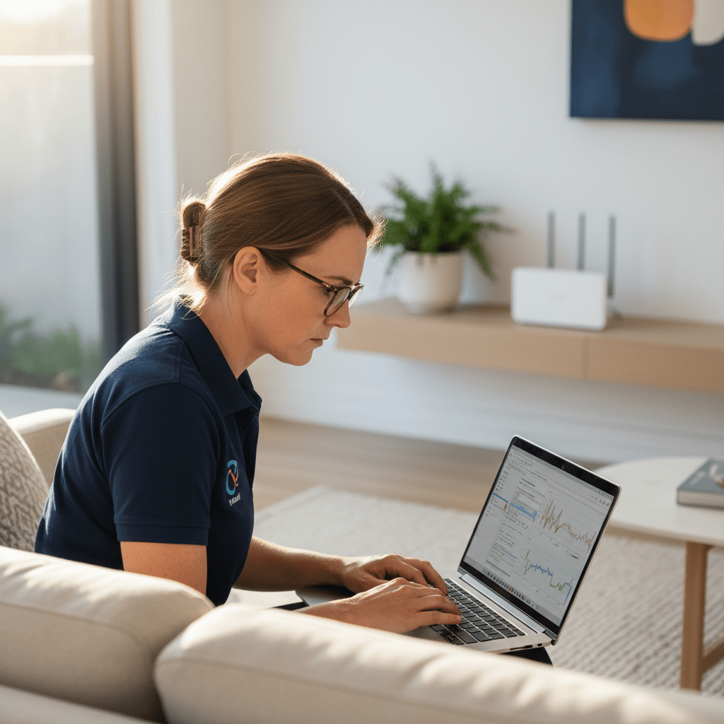 Expert technician diagnosing Wi-Fi problems during a home wifi installation service, ensuring reliable connectivity.