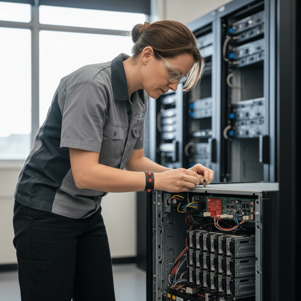 Female technician performing HP Smart Array RAID recovery in Australia, specializing in complex server data retrieval.