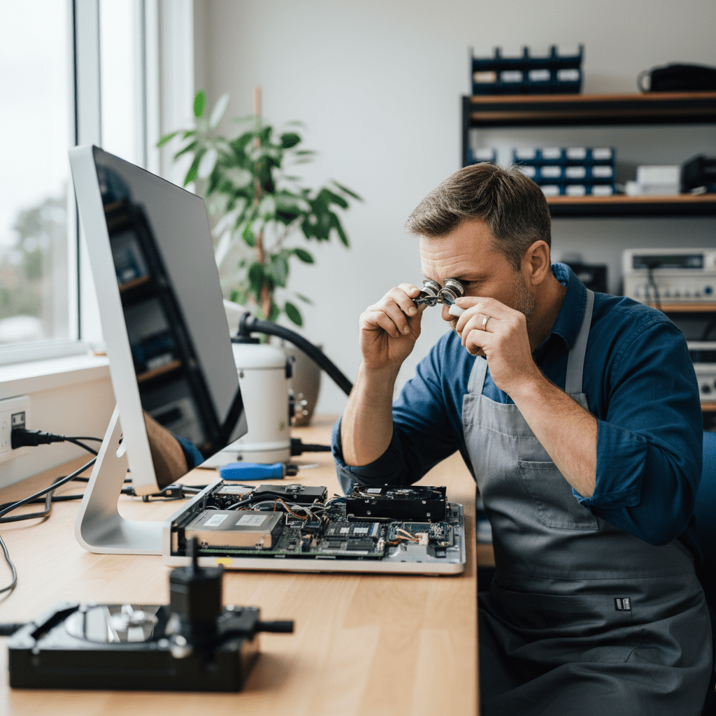 Expert iMac data recovery Melbourne service, technician carefully diagnosing a desktop for lost files and system issues.
