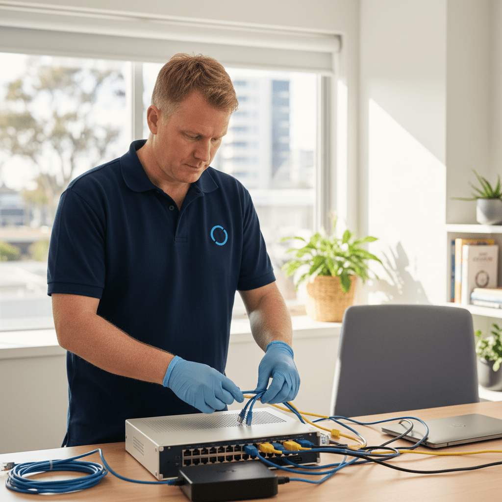 Experienced Australian technician performing professional internet installation and network setup for home or business.