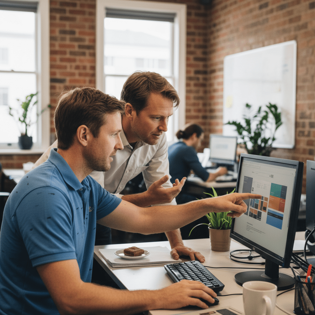 Expert IT technician assisting an Australian small business owner with website setup, crucial for the internet revolution transforming small business Australia.