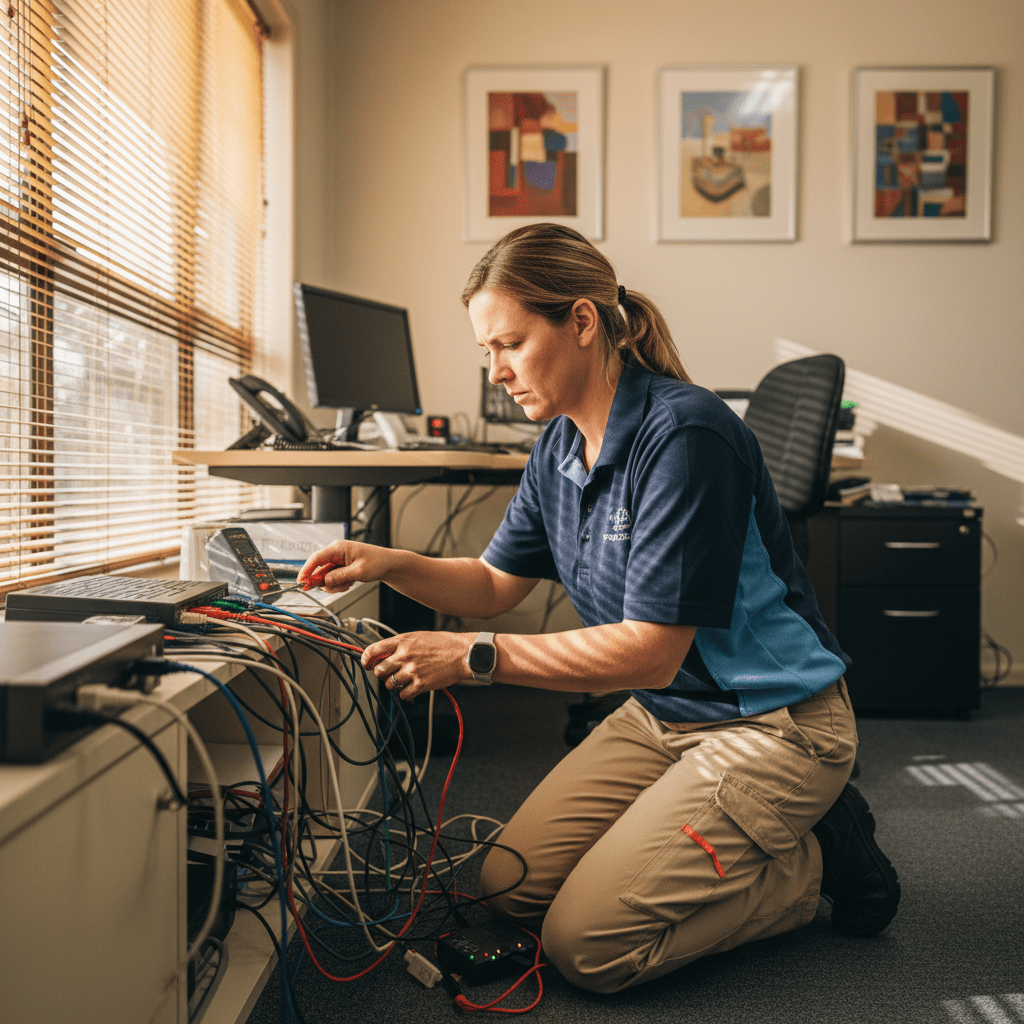Experienced internet technicians in Adelaide setting up and troubleshooting business network connectivity.