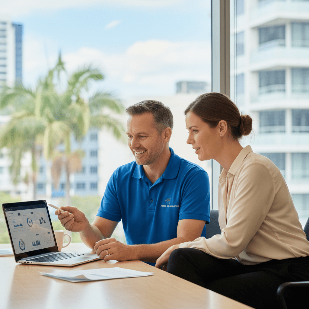 Professional IT support near me in Brisbane 2101, with a technician assisting a business client on-site.