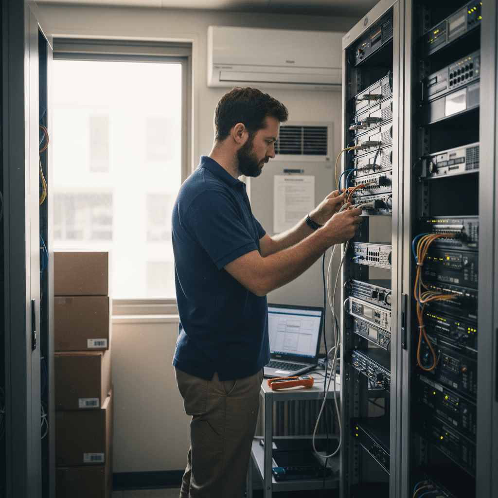 IT troubleshooting in Sydney by an expert technician diagnosing network issues for a small business.