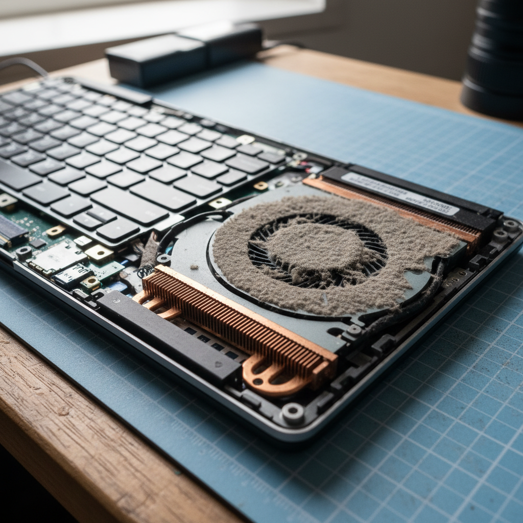 Dust-clogged laptop fan cleaning service in West Hobart — TAS 7000