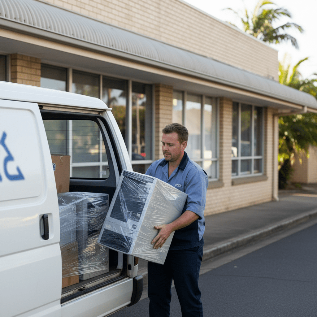 Local council e-waste services Australia: Technician collecting old IT equipment from a Darwin business for secure disposal.