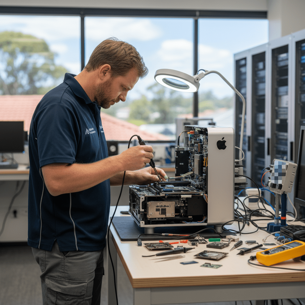 Expert technician performing data recovery on an M2 Ultra Mac Pro 2023 in Australia, recovering critical business data.