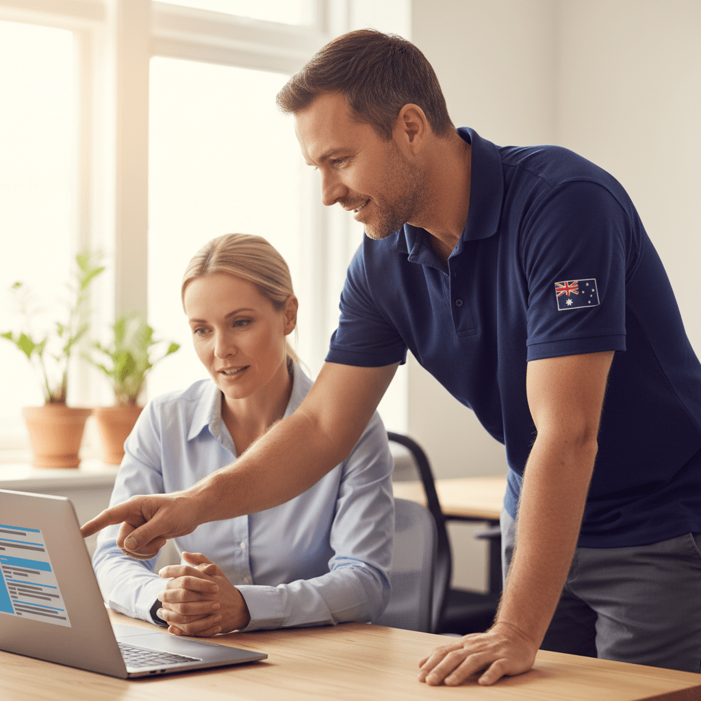 Expert technician providing M365 services near me, assisting an Australian business with Microsoft 365 setup and support.