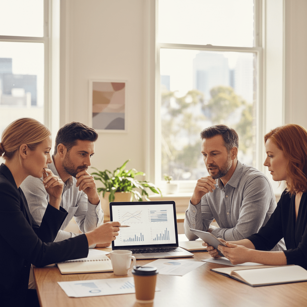 Professionals collaborating with Microsoft 365 apps on a laptop, enhancing business productivity and teamwork.