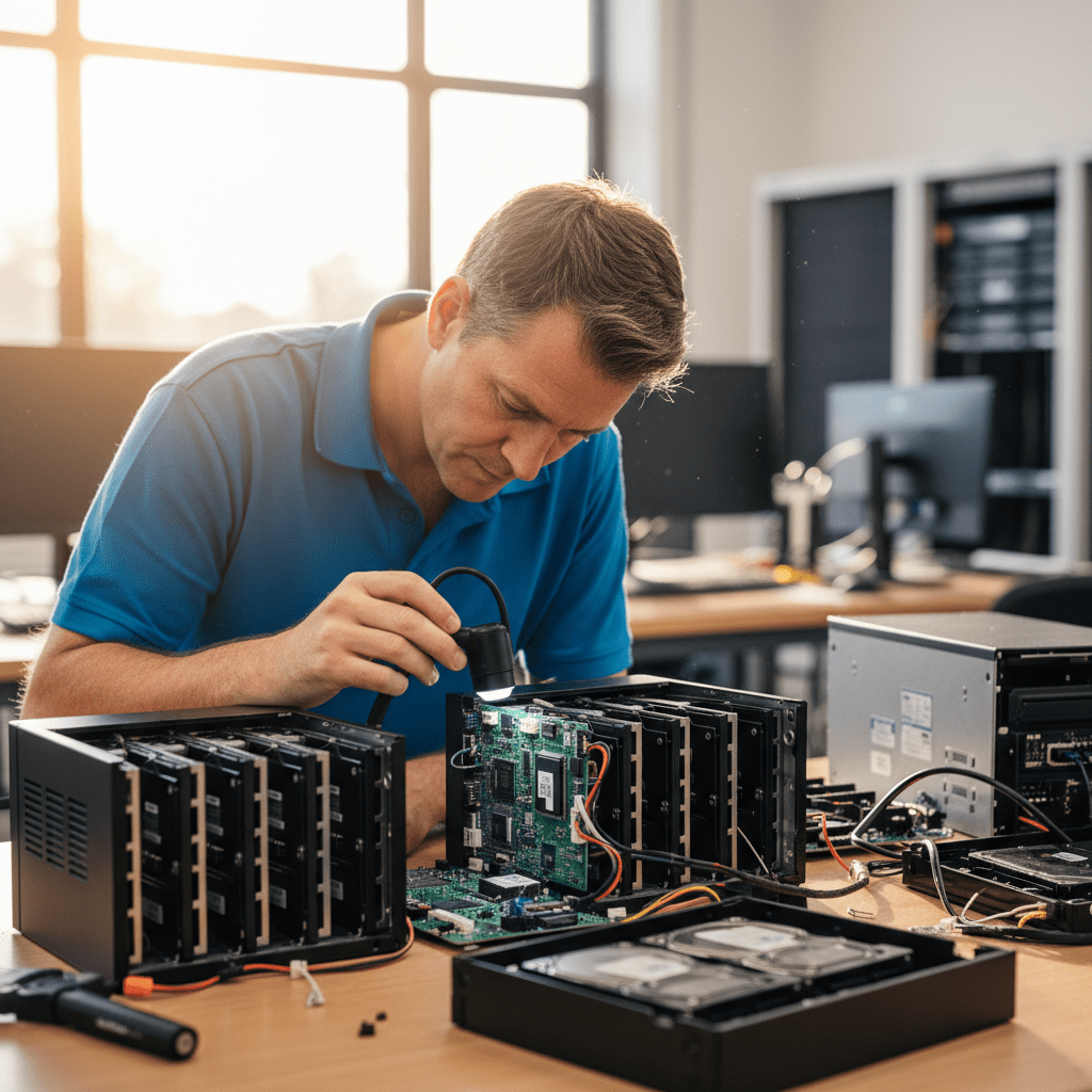 Expert technician recovering data from various NAS brands including WD My Cloud and Netgear ReadyNAS in Australia, ensuring comprehensive data recovery services.