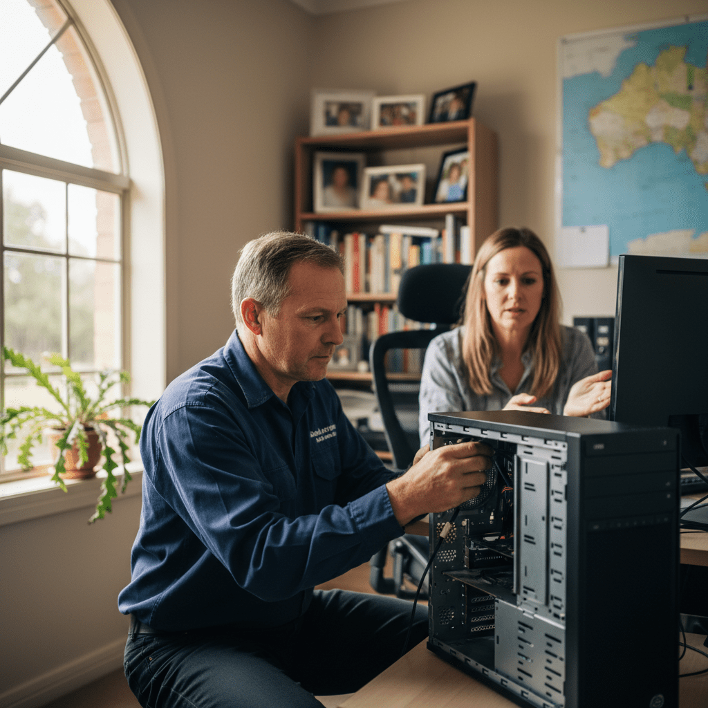 Professional on-site computer support provided by an experienced technician in an Adelaide home office.