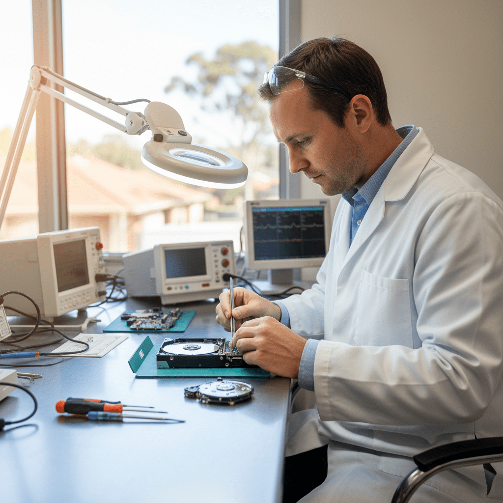 Experienced technician handling complex photo loss scenarios we handle every Australia, recovering data from a failed hard drive.