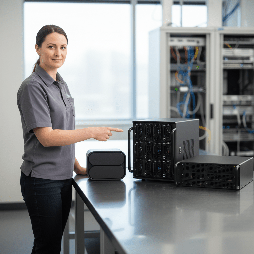 Technician showcasing QNAP NAS models we recover from Australia, including TS, TVS, and TDS series.
