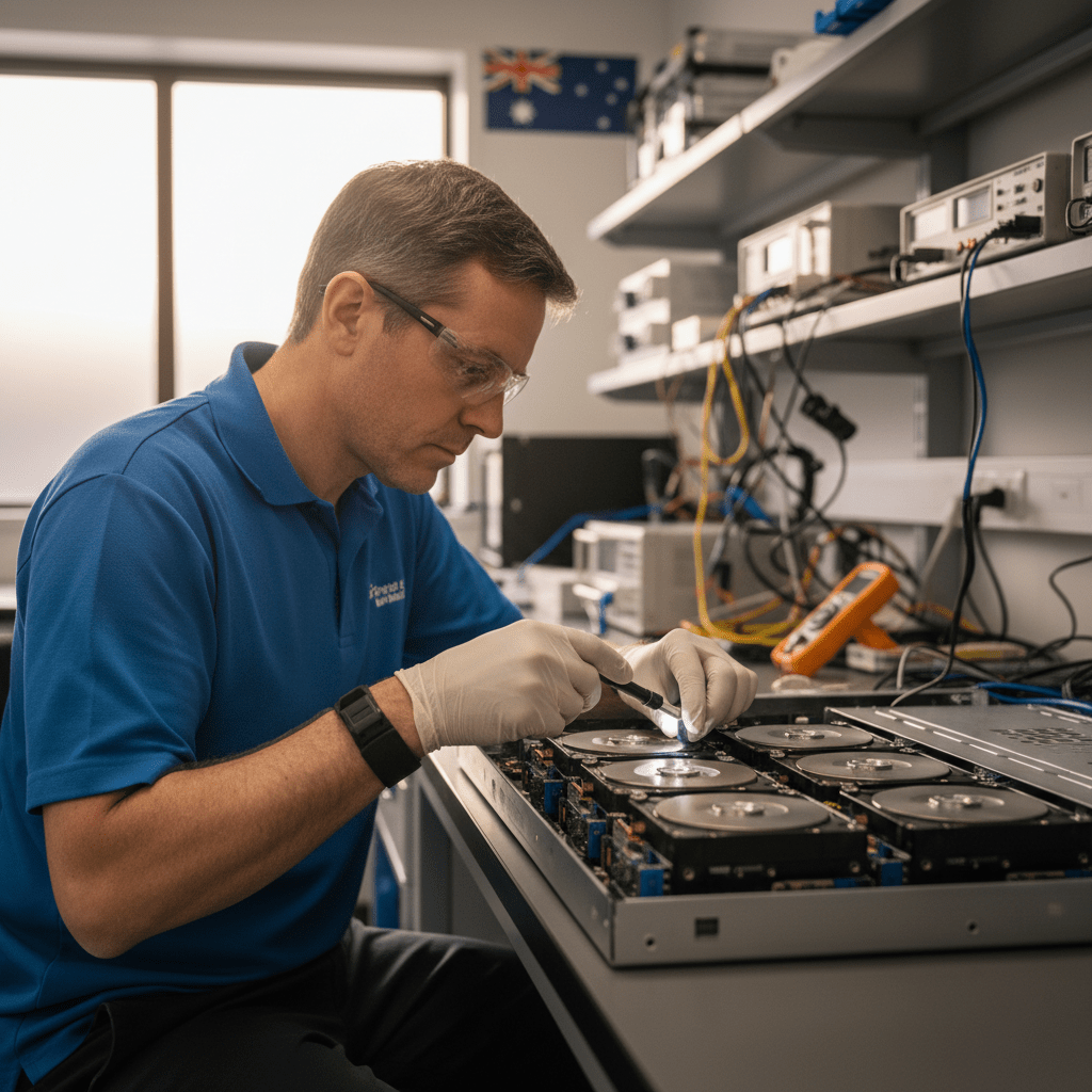 Expert RAID data recovery services in Perth, Australia. Technician inspecting server drives for data loss. Fast, reliable RAID array repair.