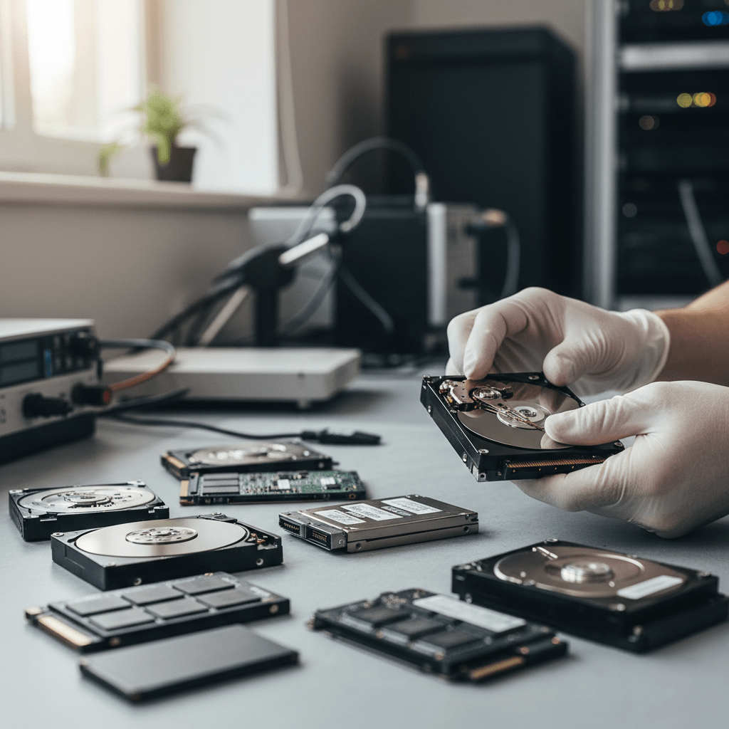 Professional RAID repair in Melbourne. Technician examining various hard drives and RAID components on a workbench. Specialised data recovery.